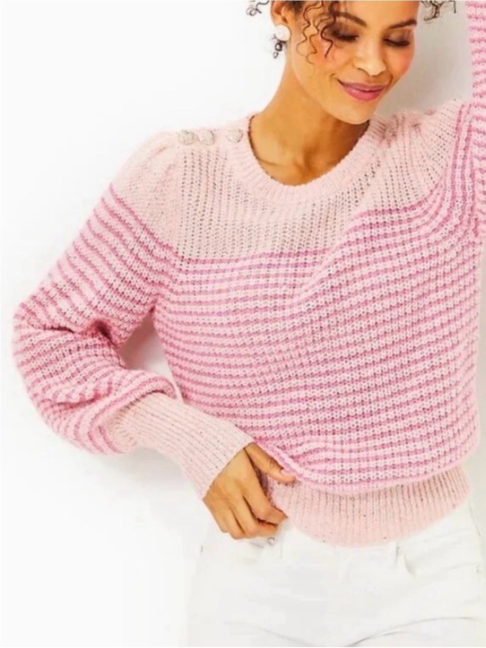 Lilly Pulitzer Finney Sweater Peony Pink Sparkle Stripe Sz M crewneck